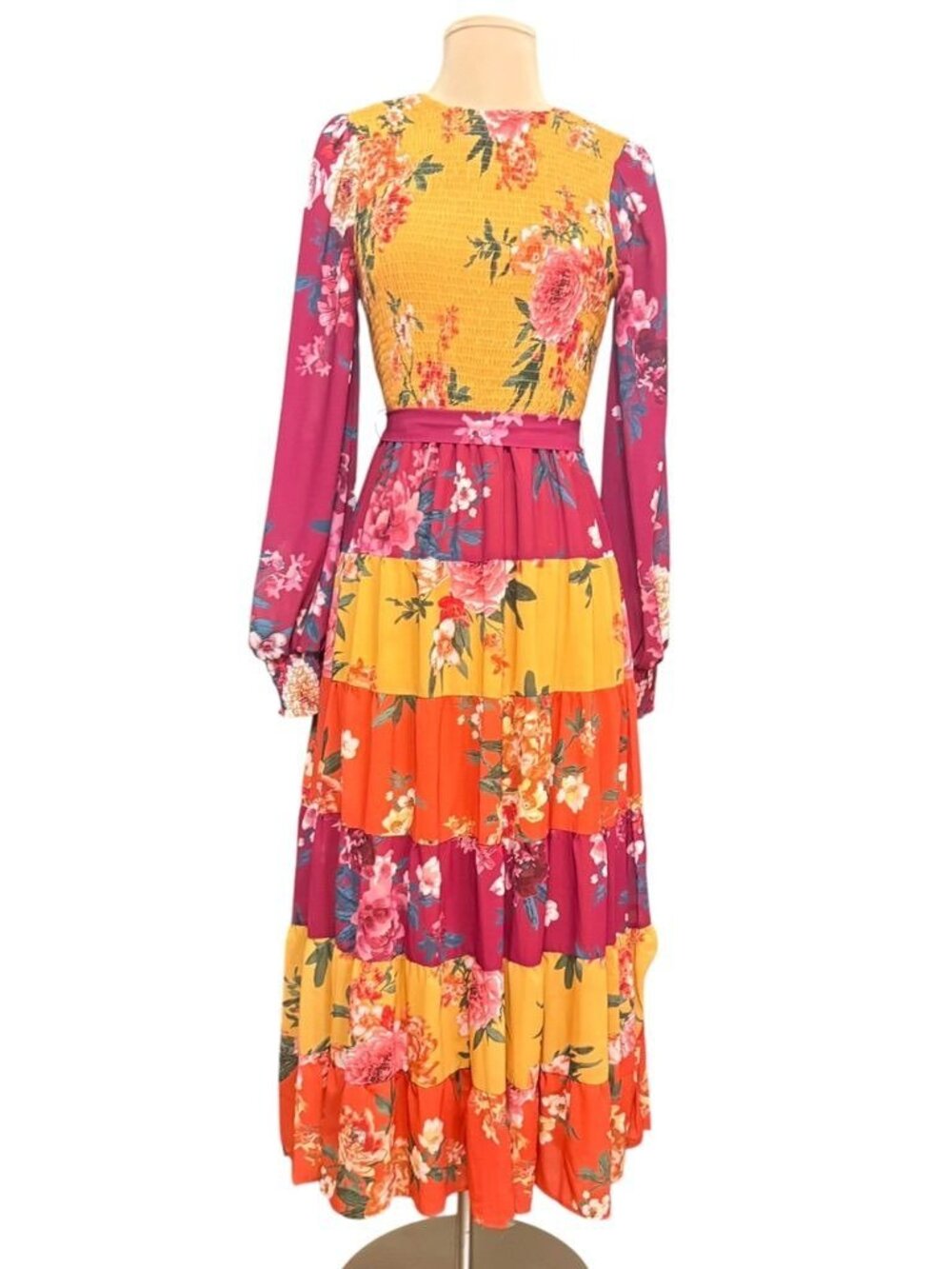 Floral Tiered Maxi Boho Dress Small Maroon Ochre Multi Peasant Cottage Bow